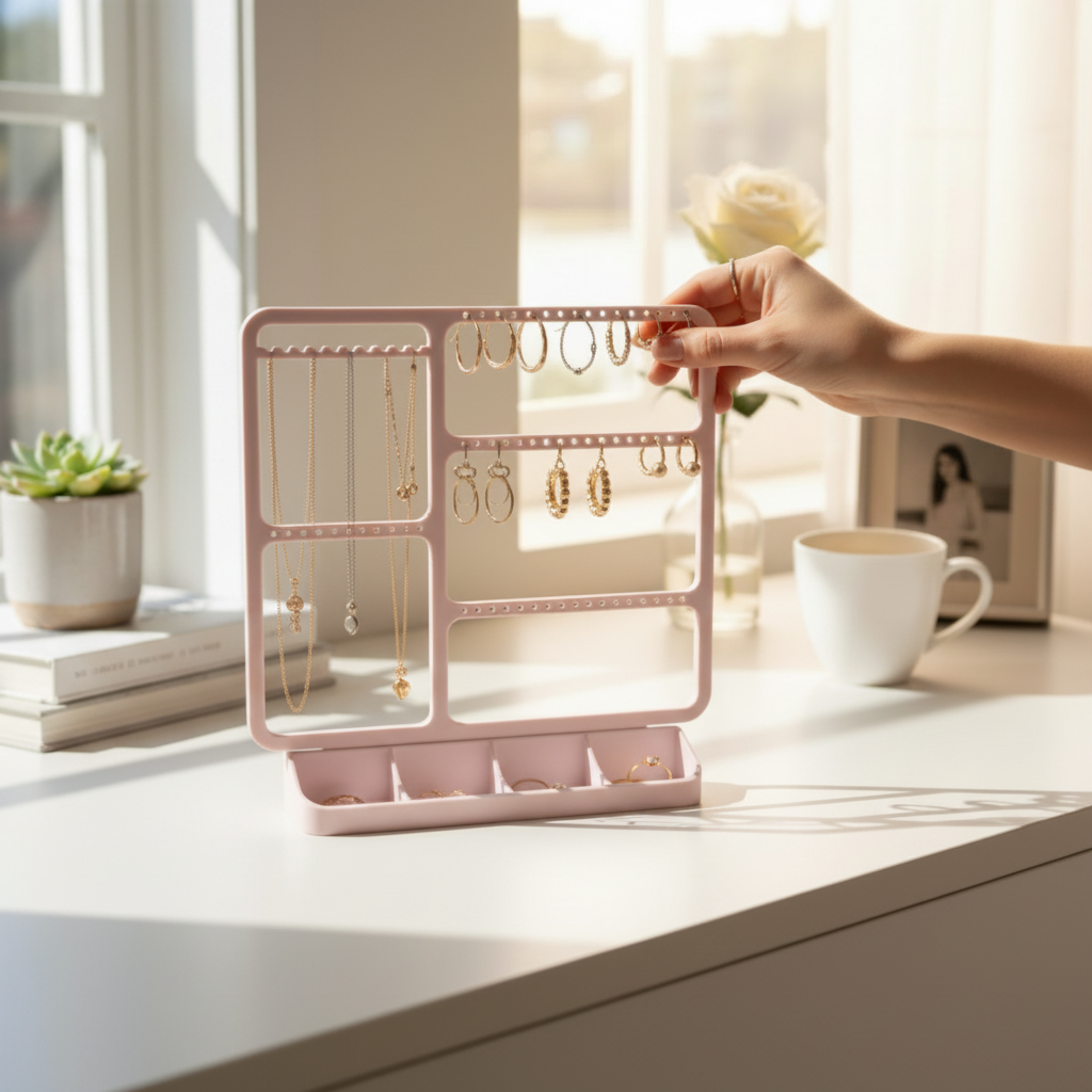 Dusty pink jewellery organizer on dressing table with gold jewellery, soft feminine bedroom