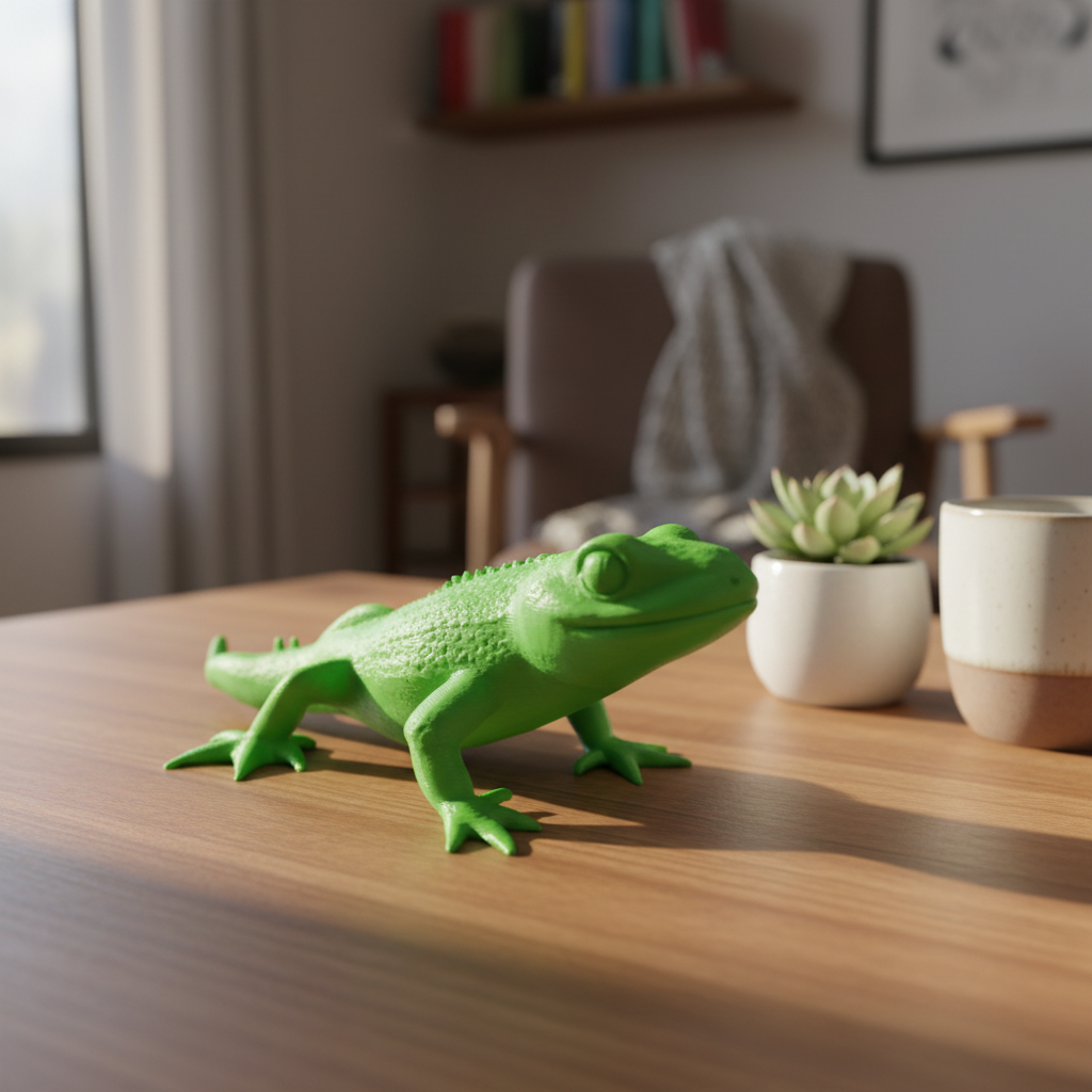 Tiny Legend Gecko-Dragon Figurine - green colourway on wooden desk with succulent
