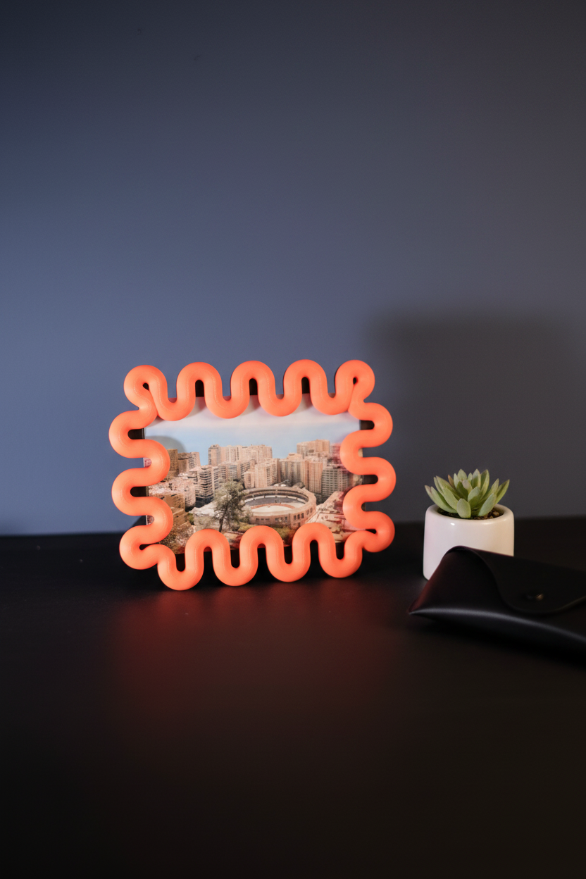 Orange wibble frame on walnut desk - lifestyle