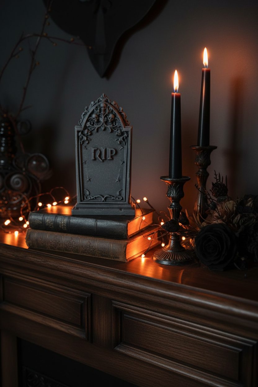 Grey gothic tombstone on dark mantelpiece with black candles orange fairy lights and dark botanicals Halloween lifestyle