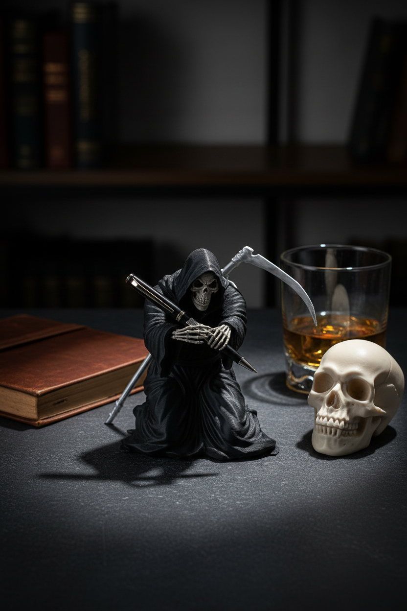 Grim Reaper Pen Holder on dark slate desk with leather notebook and skull paperweight