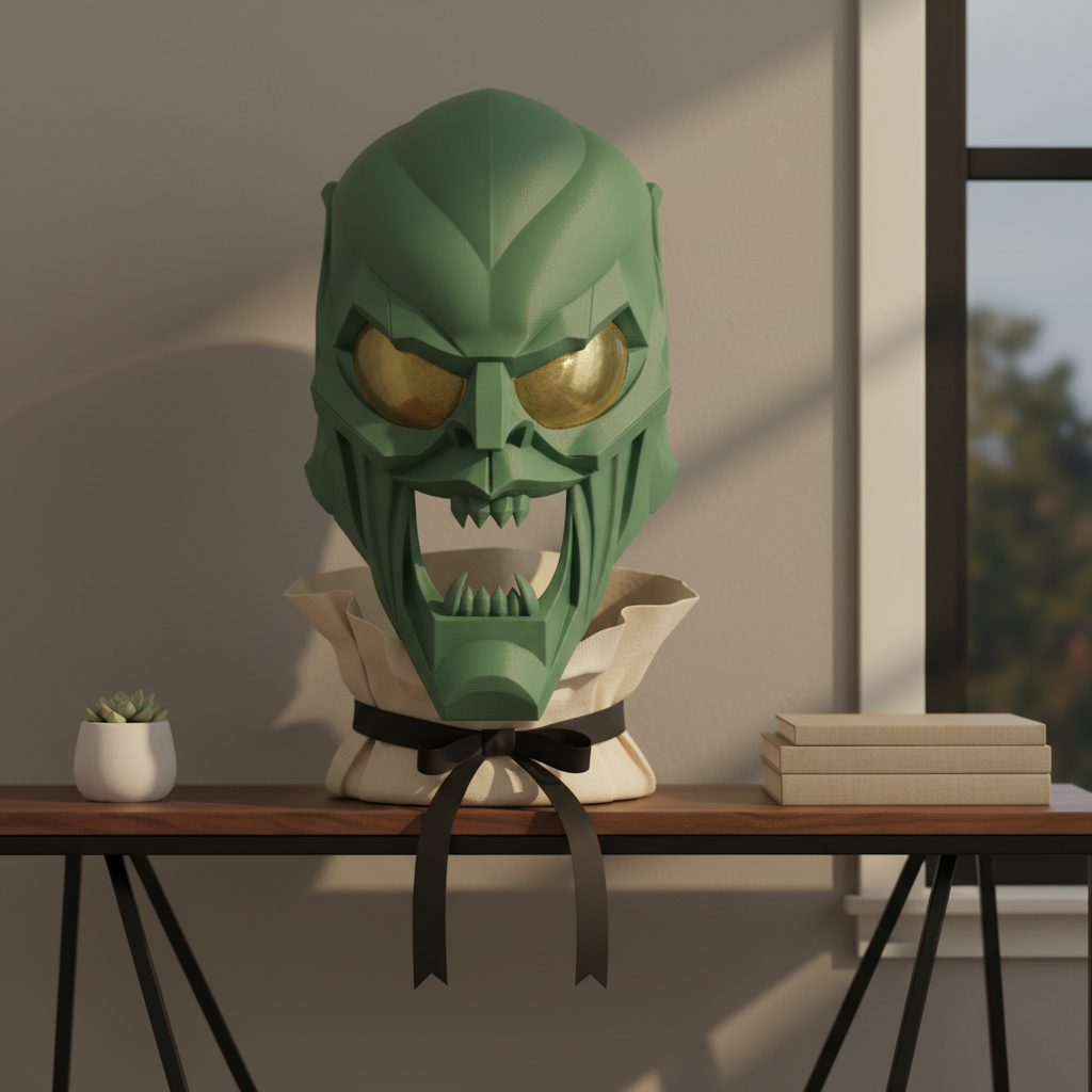 Clean green geometric villain mask sculpture presented as a housewarming gift display