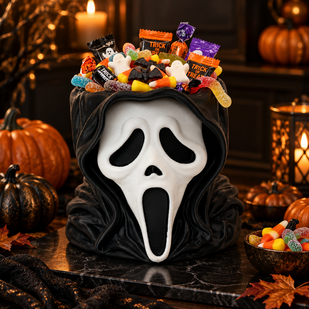 Black hooded Ghostface-inspired head bowl filled with wrapped treats on a Halloween buffet