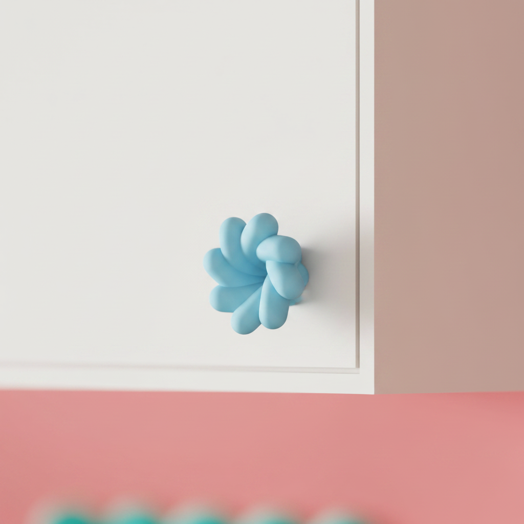 Blue twisted knob on white kitchen cabinet - lifestyle