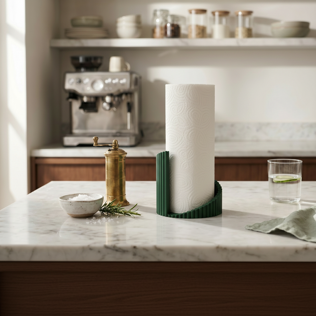 Twisted Ribbed Paper Towel Holder - green colourway on dark wooden counter with brass pepper grinder and rosemary