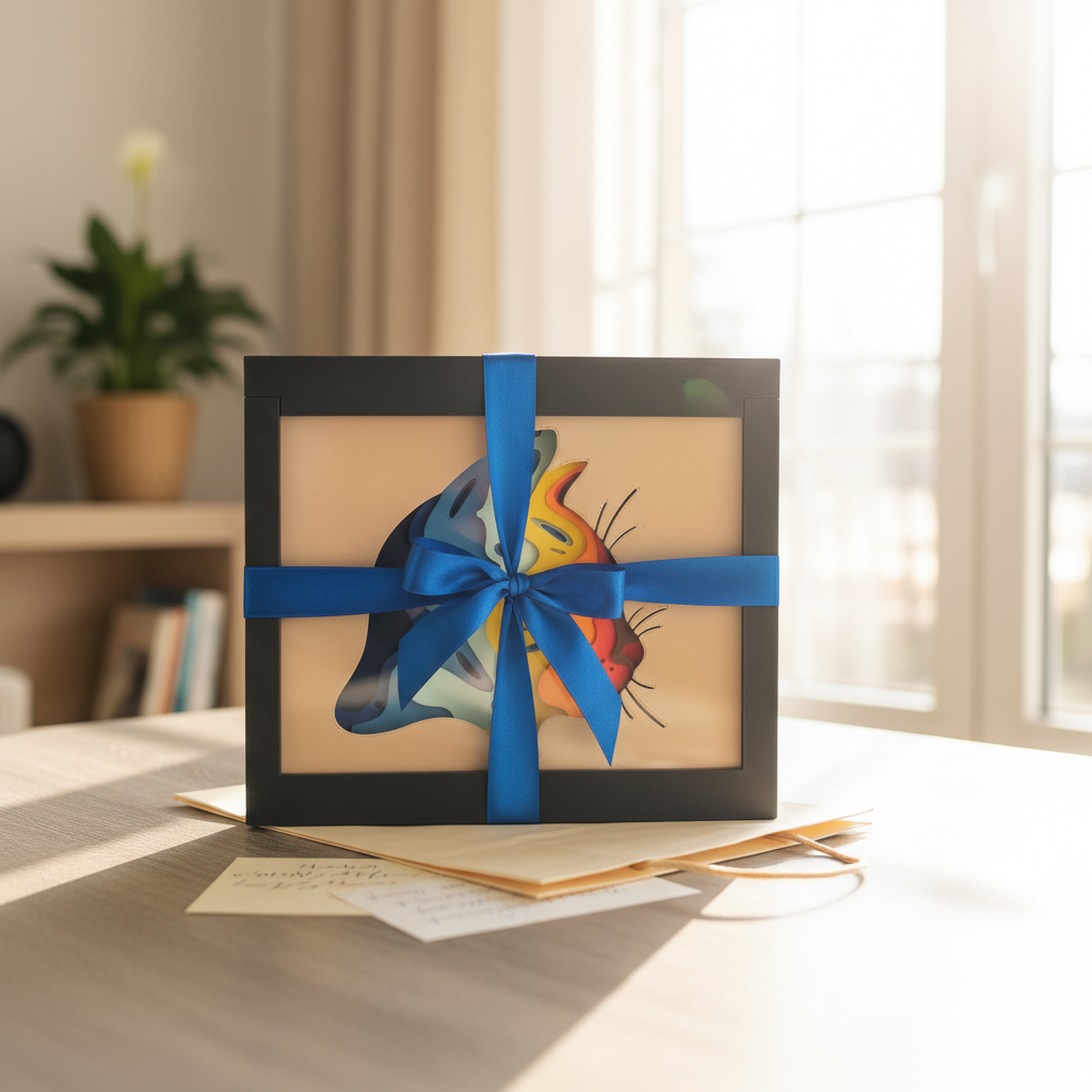 Cat Shadow Box presented as a gift with ribbon and bow on a table