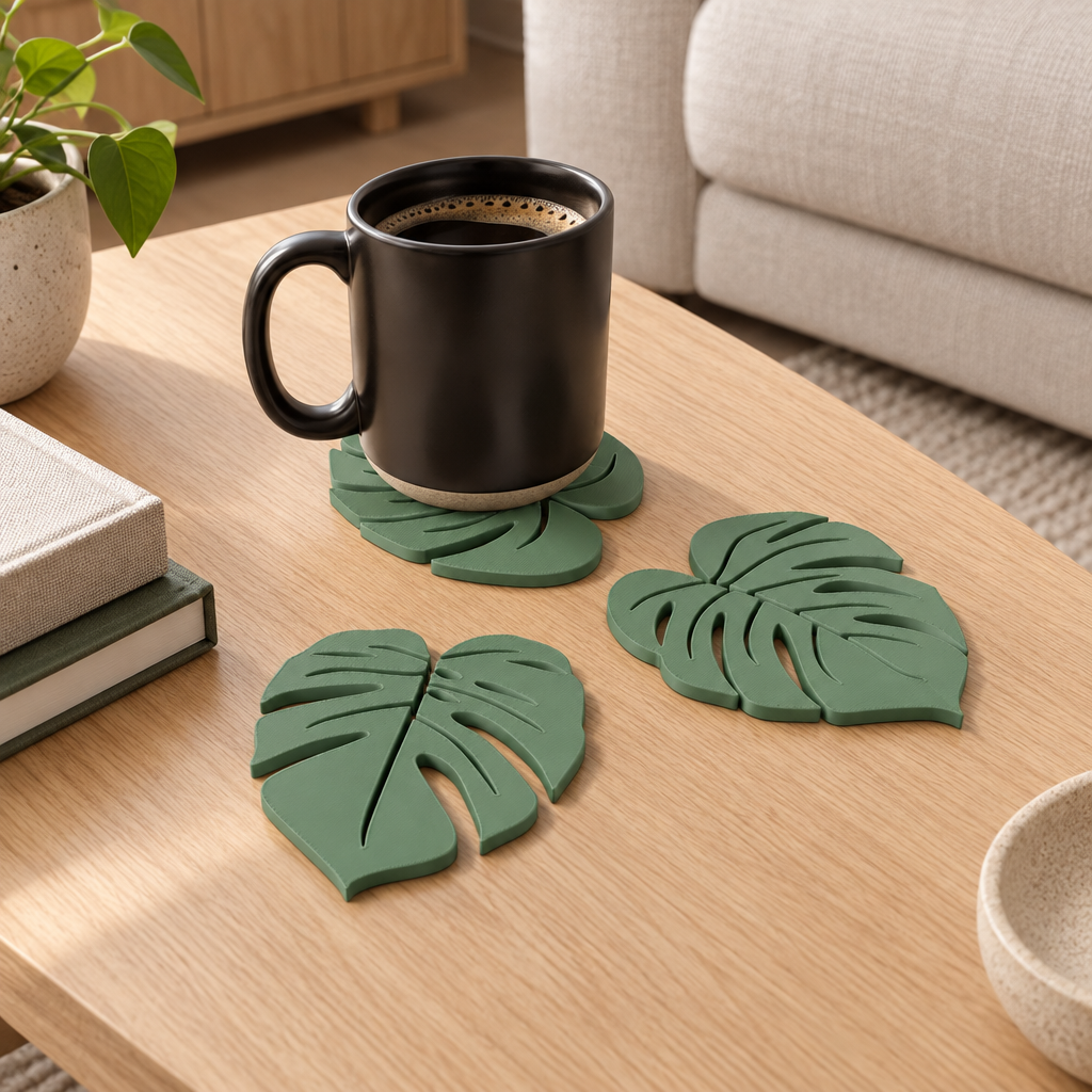 Sage green monstera leaf coasters with a black coffee mug on a light oak coffee table