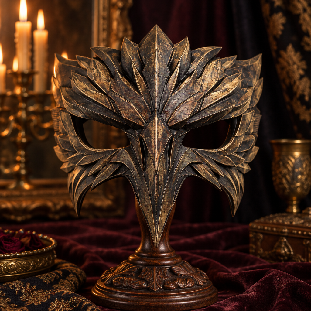 Weathered bronze Raven Wraith mask in a Renaissance masquerade dressing area, strap not included
