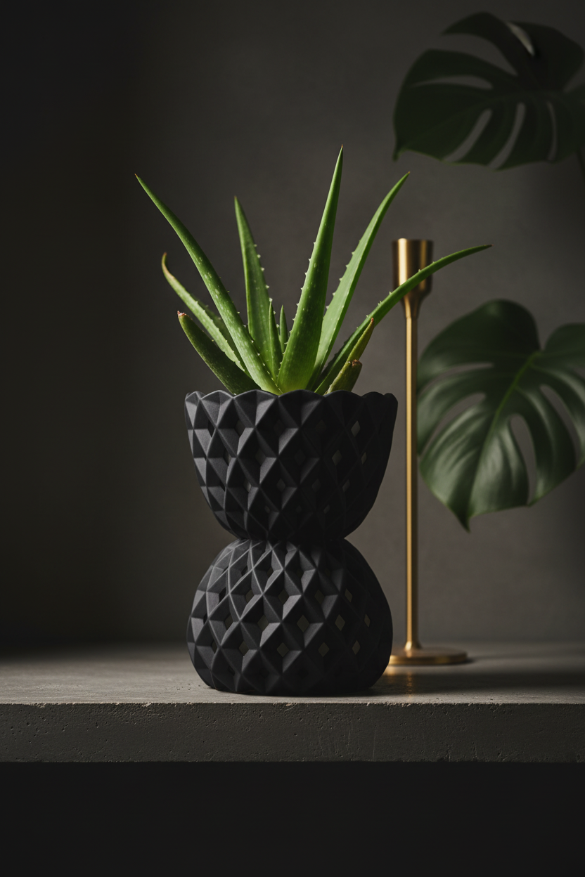 Charcoal black sculpted geometric desk planter with aloe vera on dark concrete shelf moody gold monstera luxury lifestyle