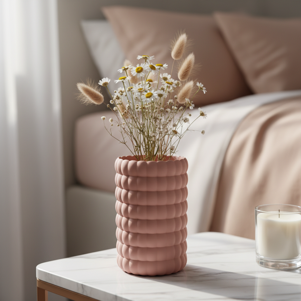 Dusty pink Bubble Bloom vase with dried wildflowers on a marble side table with a candle