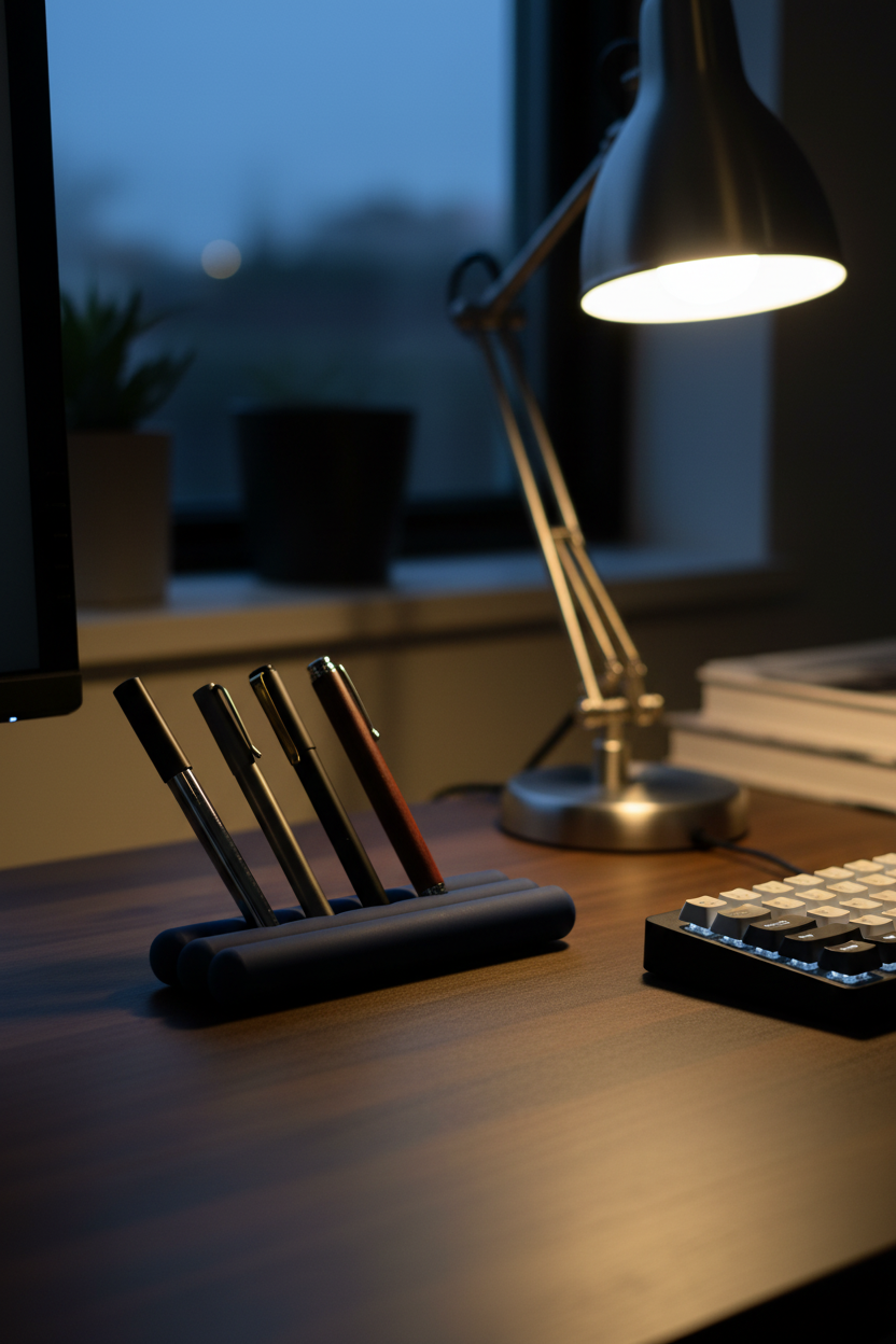 Minimalist Pen Tray navy on dark walnut desk - lifestyle