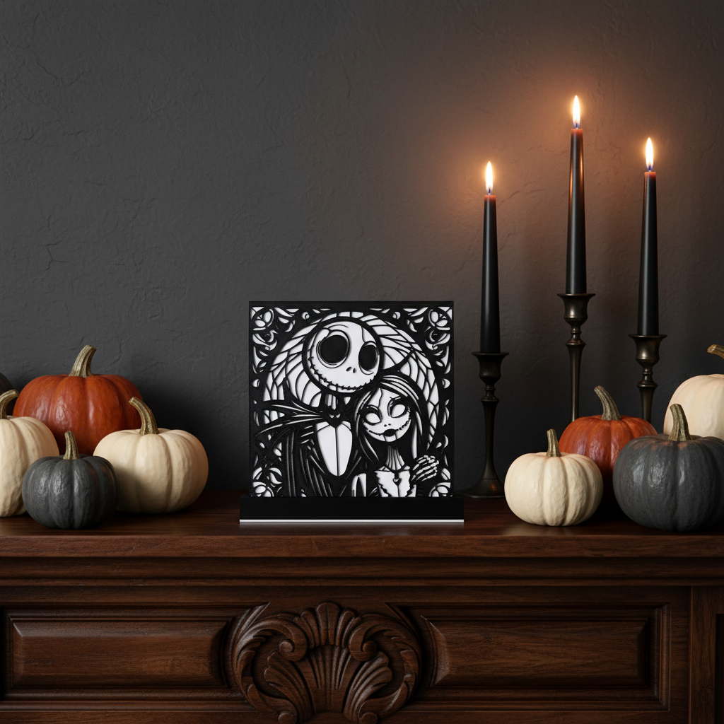 Jack and Sally Nightmare Before Christmas shadow box display on a Halloween mantel
