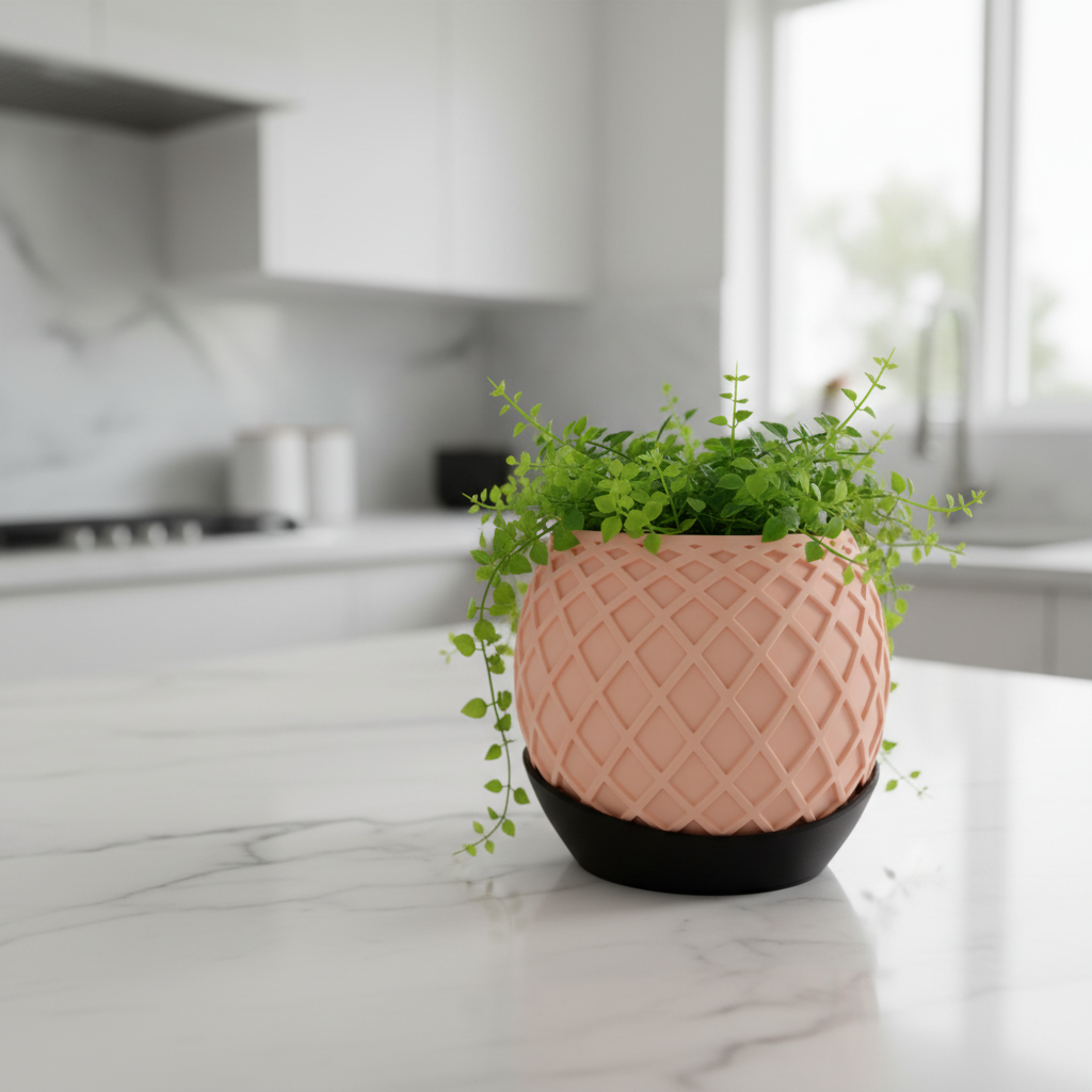 Pink lattice planter in modern kitchen lifestyle