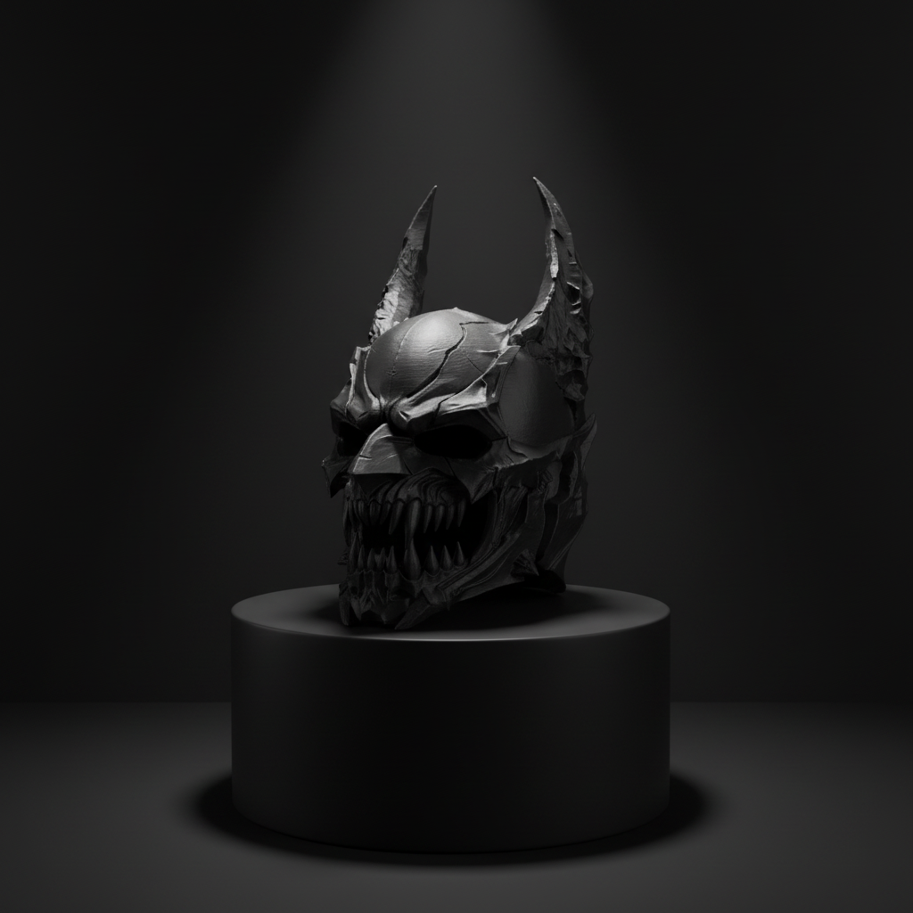 Deep charcoal Demon Skull Helmet Sculpture displayed on a black studio pedestal
