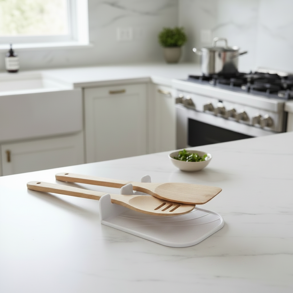 Cooksitter Duo Utensil Rest - white colourway holding cooking utensils on bright minimalist kitchen counter