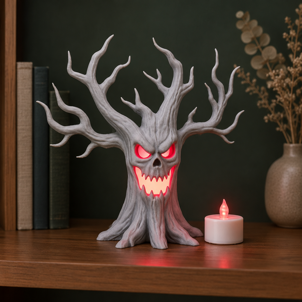 Grey laughing tree tealight holder styled on a dark bookshelf