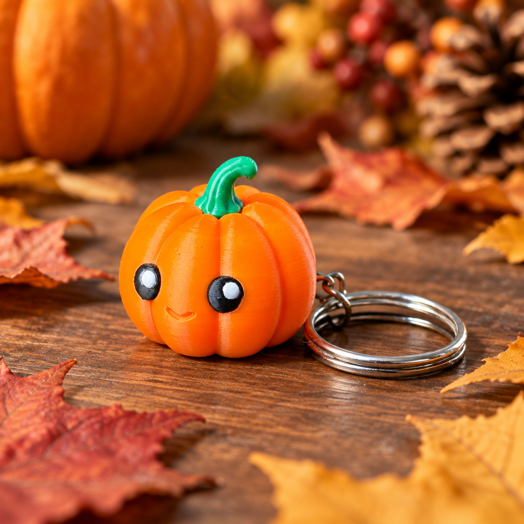 Pumpkin keychain clicker on autumn table
