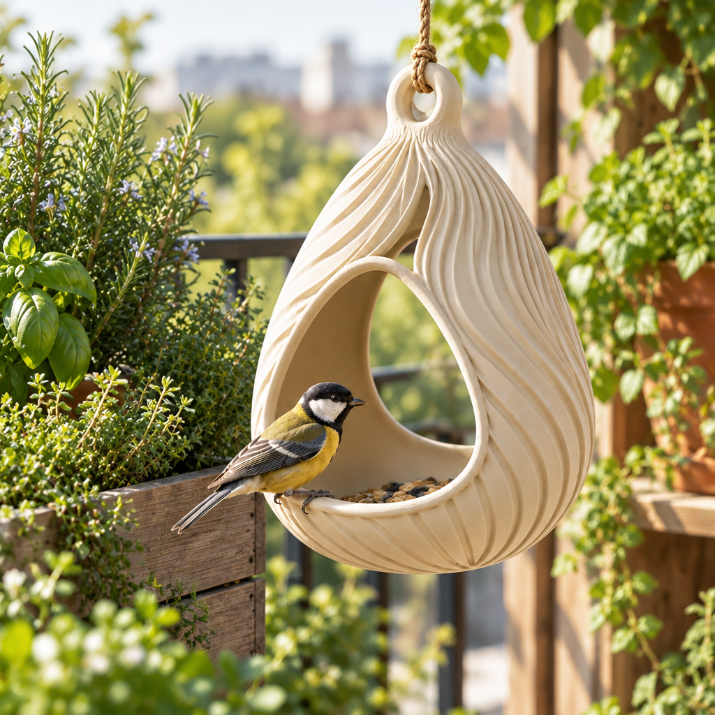 Sculpted bird feeder beside balcony herbs