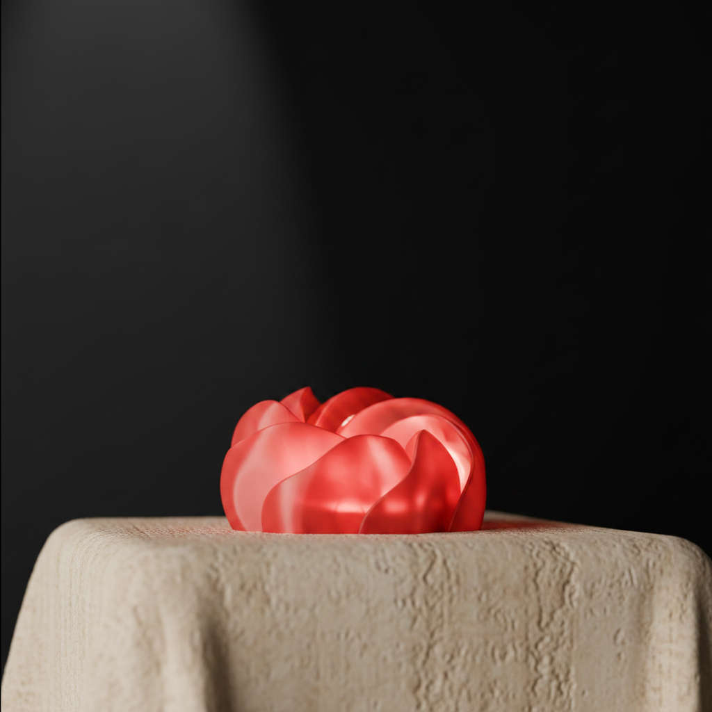 Cloud Twist Lamp vivid coral red smooth twisted ribbon petal bloom LED tealight intense glow macro close up pale travertine black studio background raking light every petal twist ribbon curl sharp sculptural detail square editorial