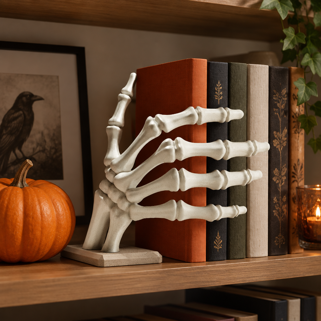 Skeleton hand bookstop on a Halloween shelf