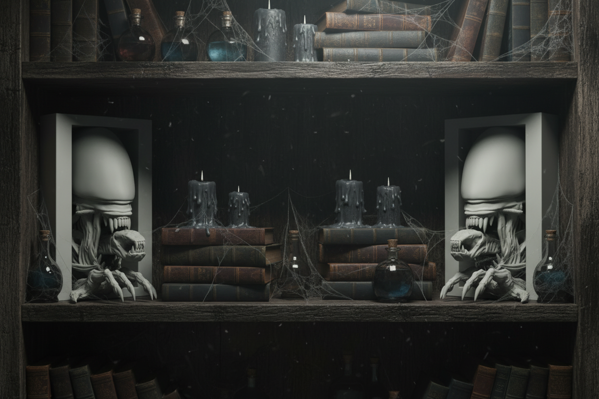 Two Alien Xenomorph book nook relief sculptures grey and white framed boxes dark wooden shelves vintage hardcover books black candles potion bottles spider webs atmospheric moody science fiction horror shelfie landscape editorial