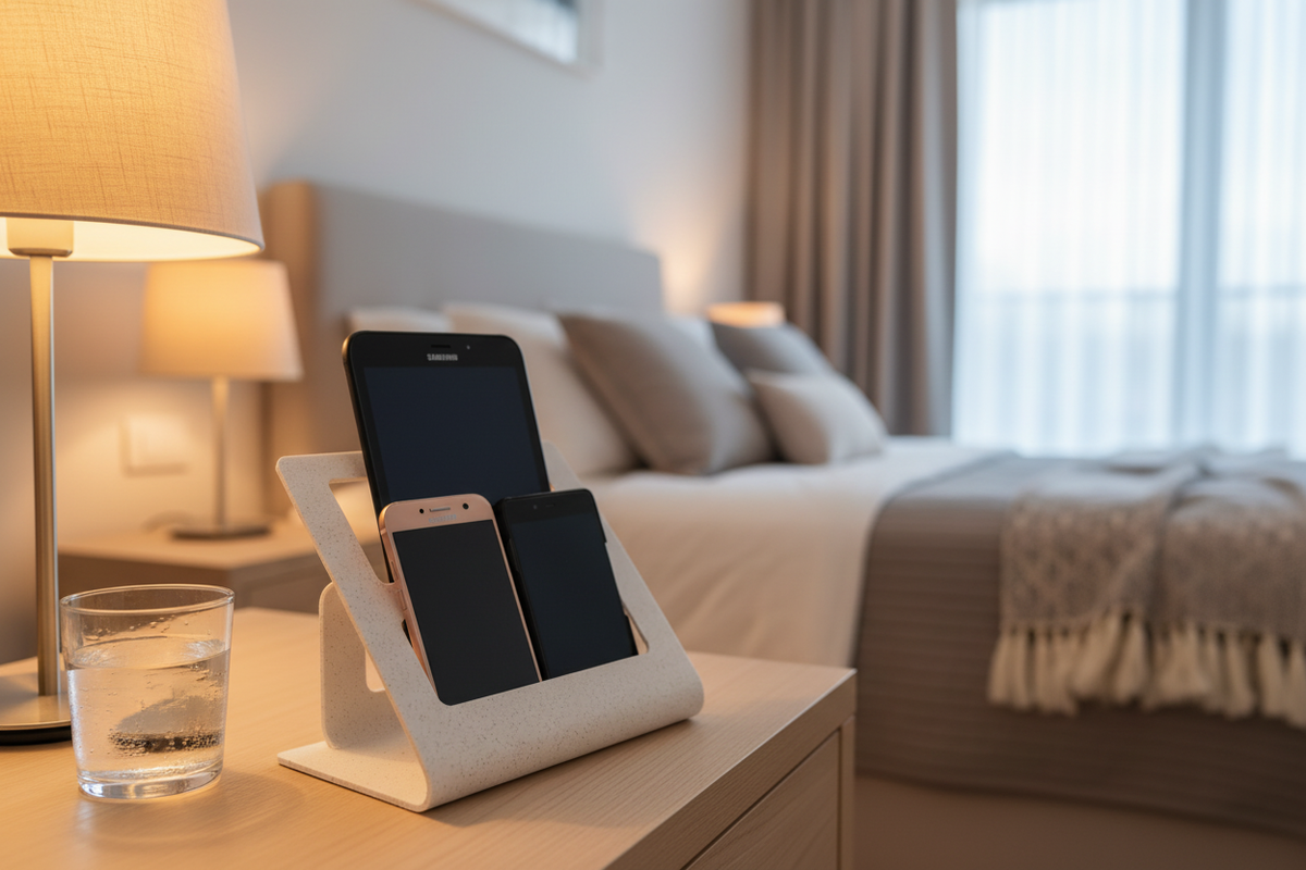 Remote Control Organizer holding smartphones on a bedside table next to a lamp
