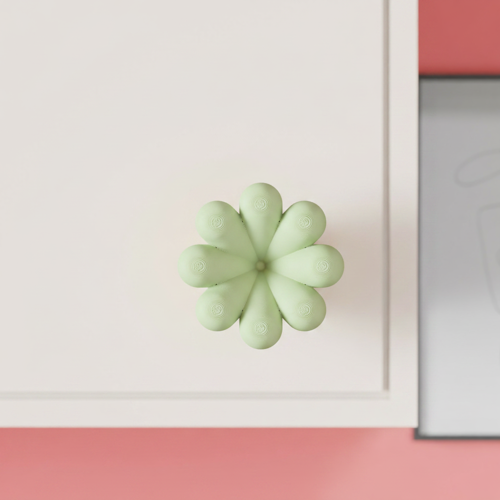 Sage green wibble handle on white kitchen cabinet - lifestyle