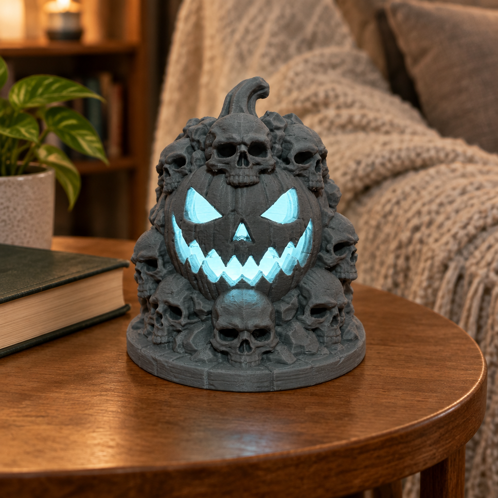 Grey Skull Mountain tealight holder on a wooden side table in a cosy reading nook