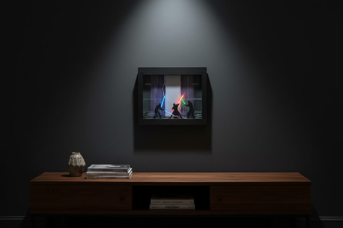 Star Wars Duel in Theed Shadow Box displayed on living room wall