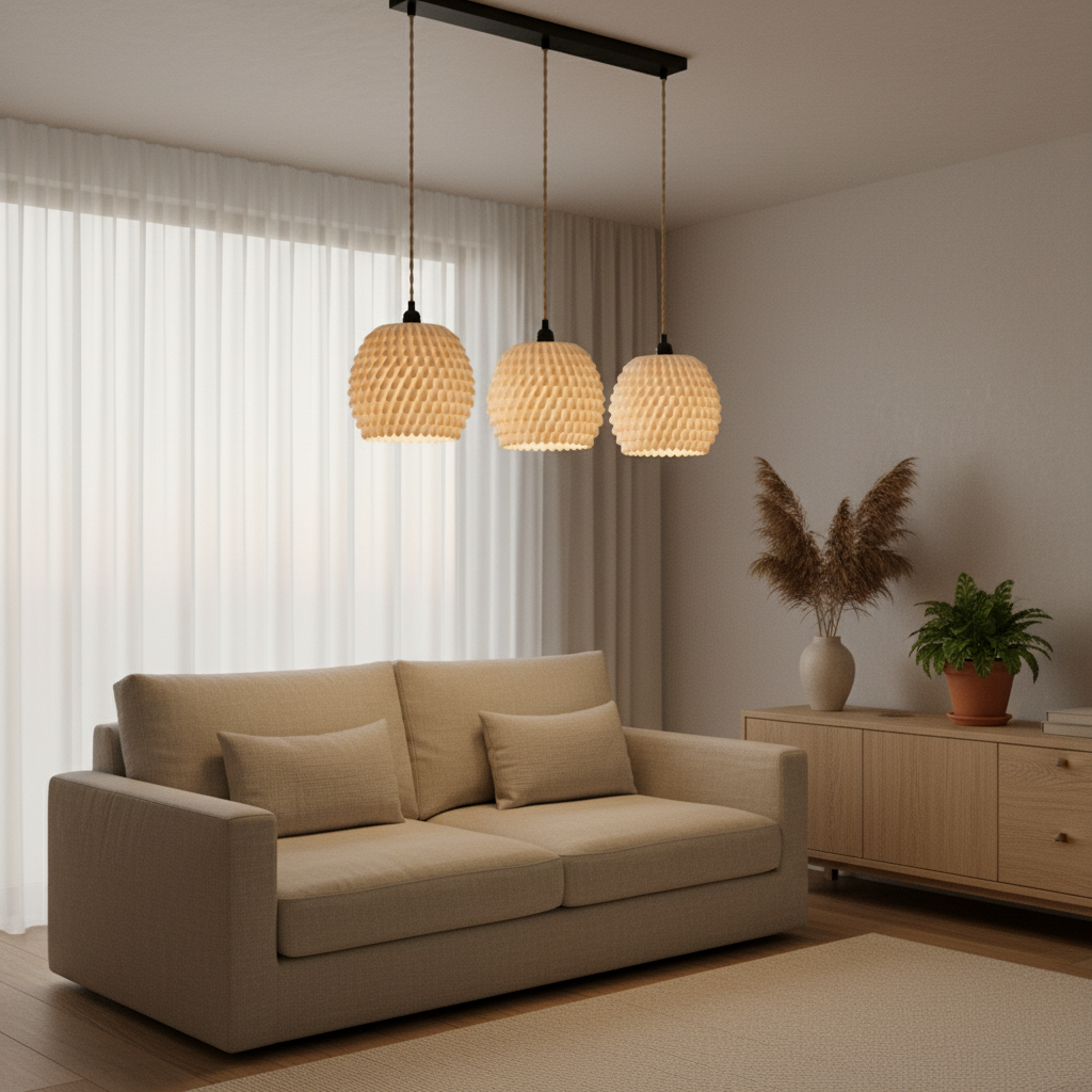 Sea anemone lampshade casting warm dappled light in minimal japandi living room with linen sofa lifestyle