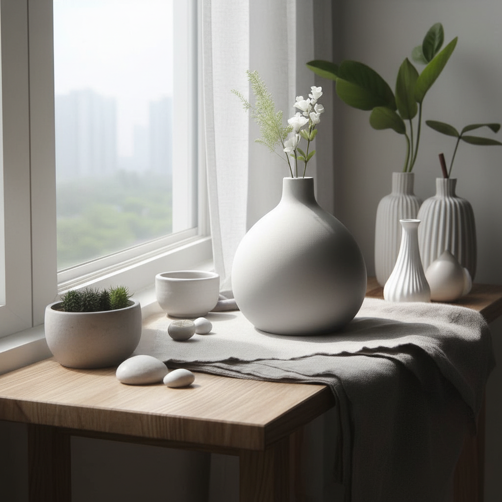 Minimalist geometric vase on a bright Scandinavian console beside a window
