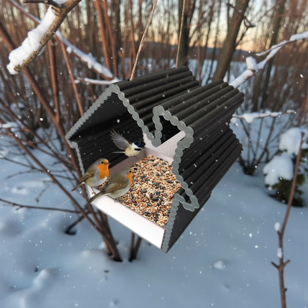 Black ribbed bird feeder with seed drawer hanging from garden fence post in snow