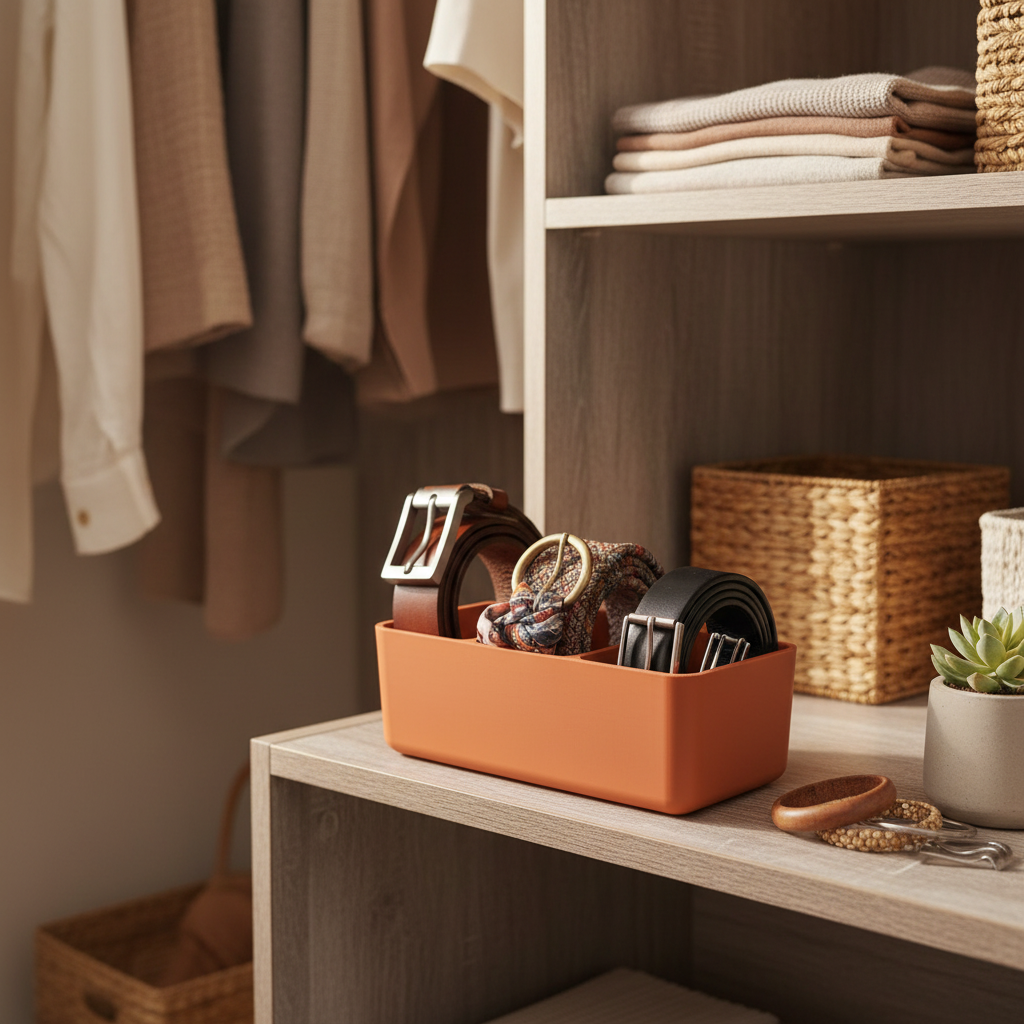 Terracotta orange belt organizer on wardrobe shelf with rolled accessories, warm boho