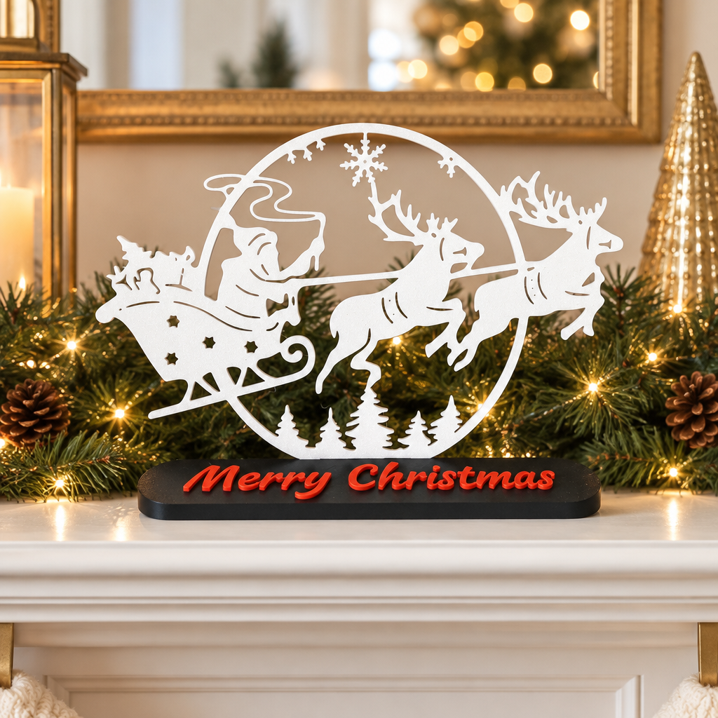 Santa on Sleigh Christmas topper displayed on a festive table