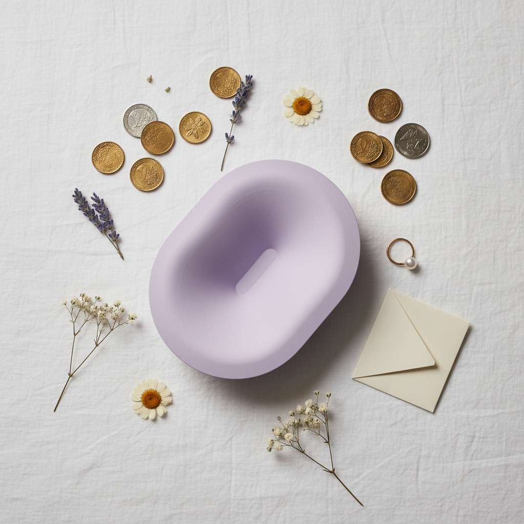 Soft Pill Catch All Bowl purple flat lay overhead with coins and dried flowers