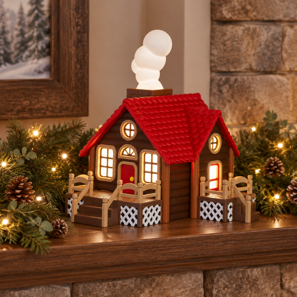 Log cabin tealight holder styled on a winter mantel with electric lights