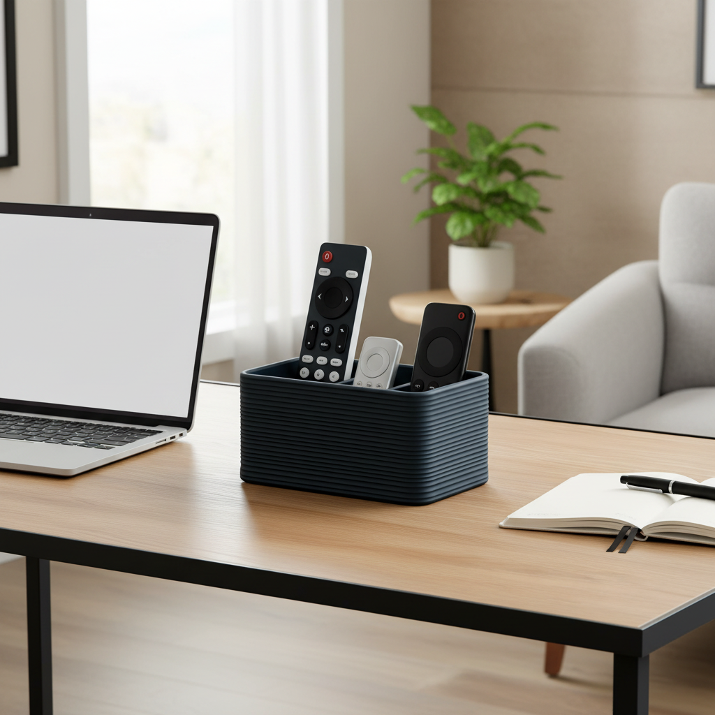 Ribbed remote holder with remotes on a home office desk with laptop