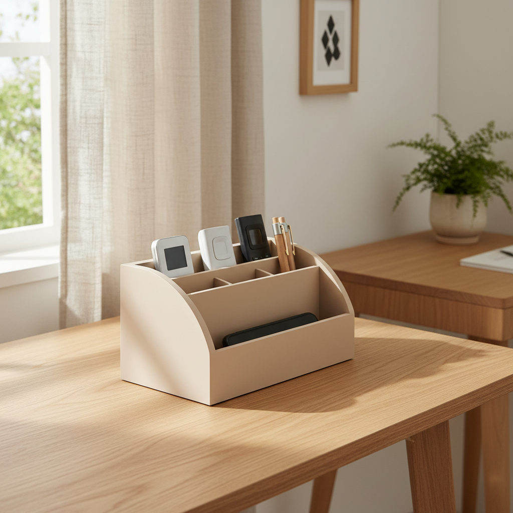 Curved Remote Control Organiser in beige — lifestyle shot on oak desk, Japandi home office