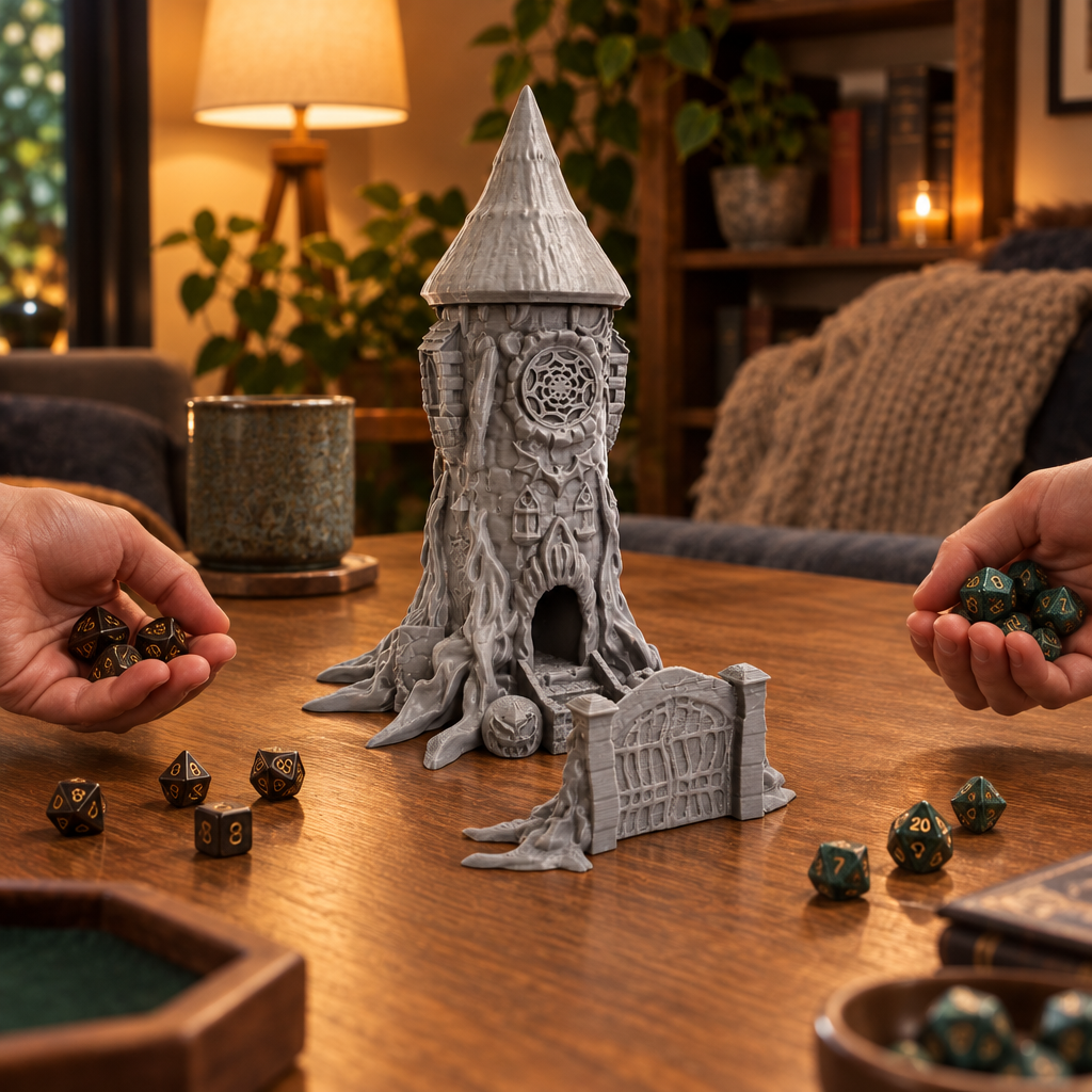 Players prepare dice beside the Halloween tower and graveyard gate