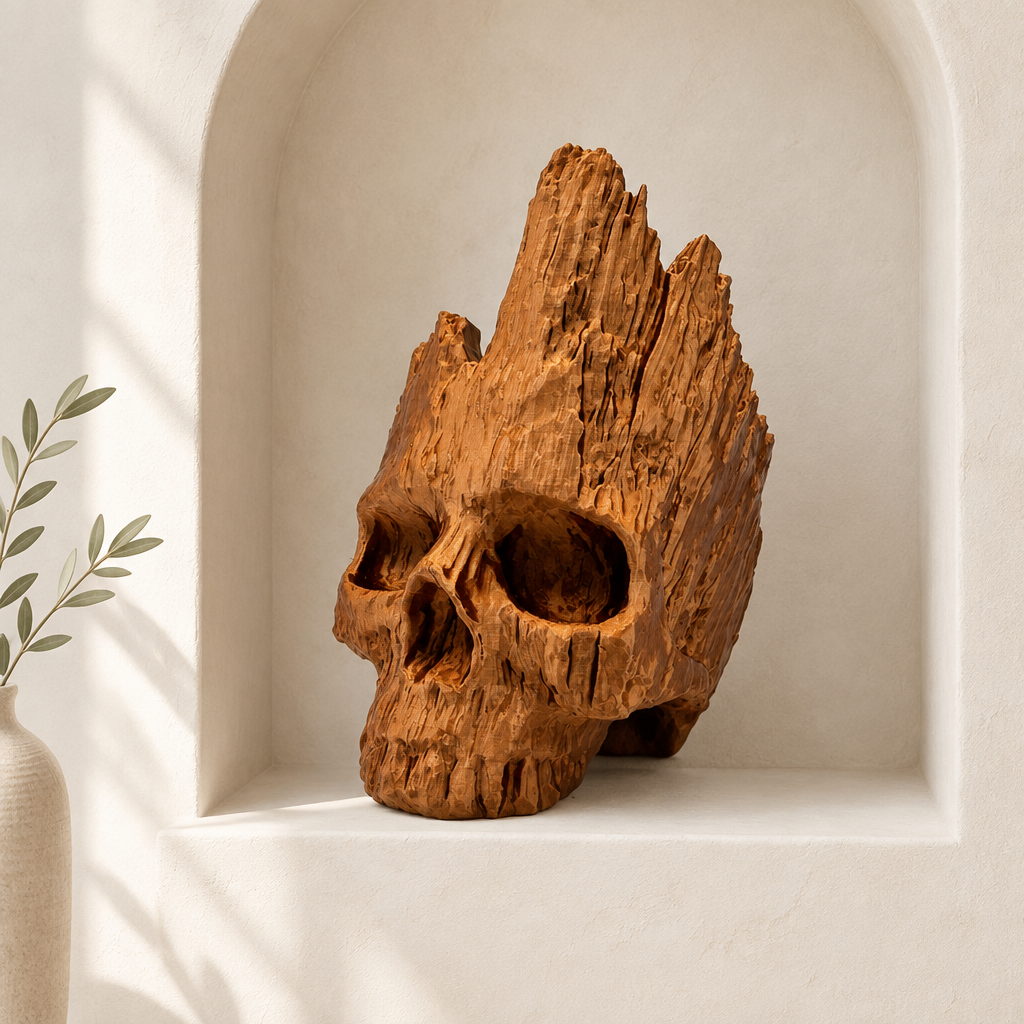 Brown skull sculpture in a pale plaster display niche with natural light