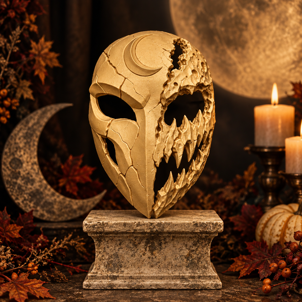 Gold Mooneater Mask displayed on a stone plinth, strap not included.