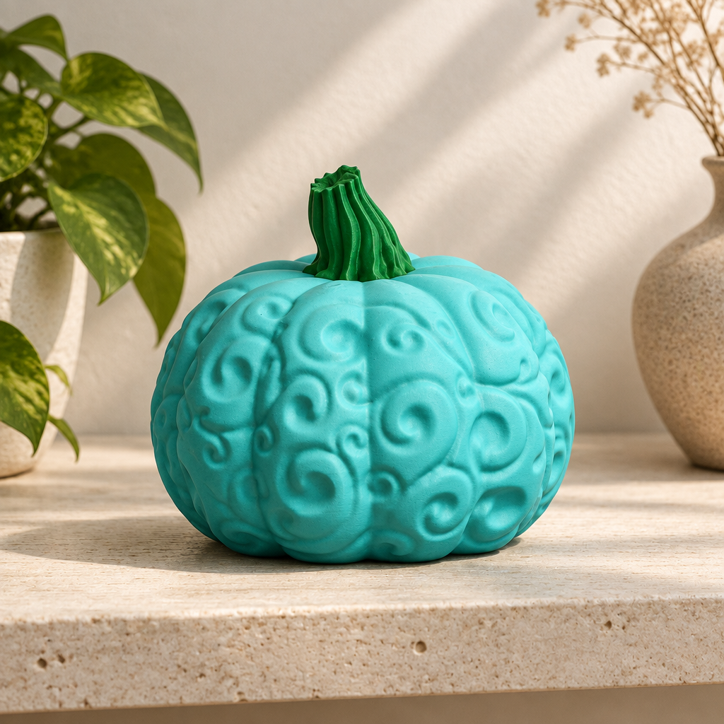 Turquoise swirl pumpkin on stone shelf