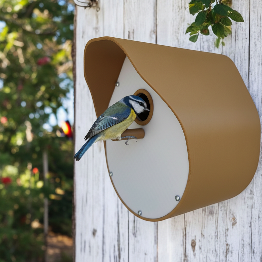 Close-up of modern curved birdhouse with blue tit bird entering circular entry hole