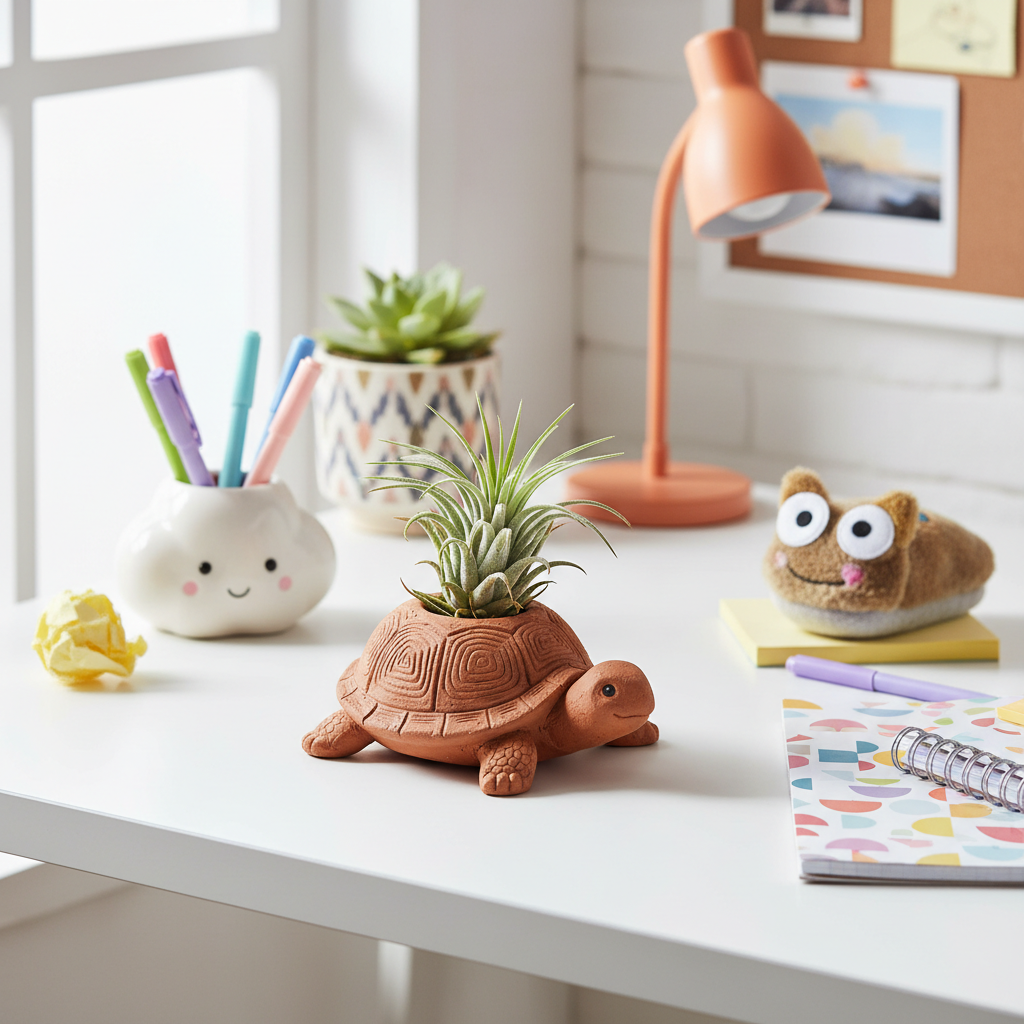 Terracotta brown turtle planter with a tiny air plant on a bright white desk with stationery