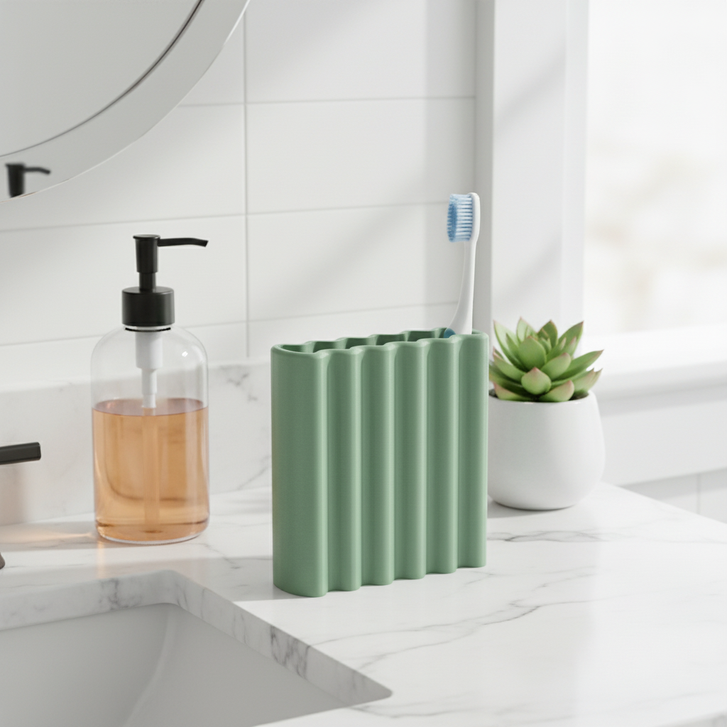 Wibble Toothbrush Holder sage green on marble bathroom counter