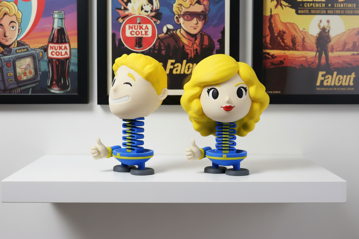 Fallout Vault Boy and Vault Girl Springie set displayed together on a bright white shelf in a modern gaming room with Fallout posters and collectibles