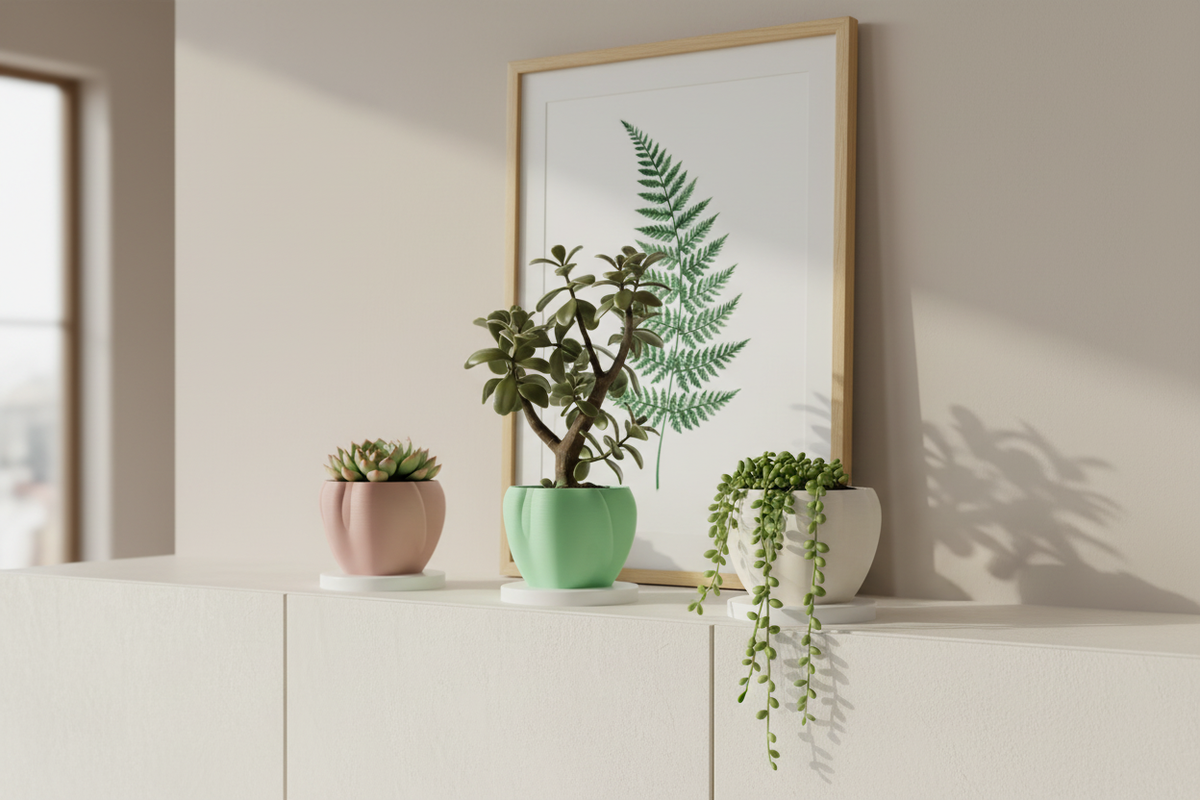 Group of three organic flowing planters in sage green pink and white on cream sideboard shelfie lifestyle