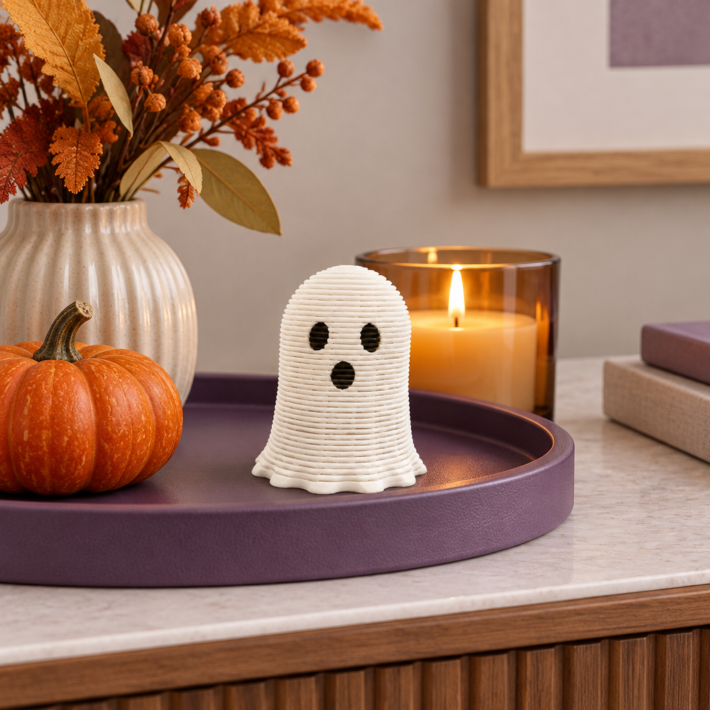 White ghost spring toy on a purple tray in a stylish interior