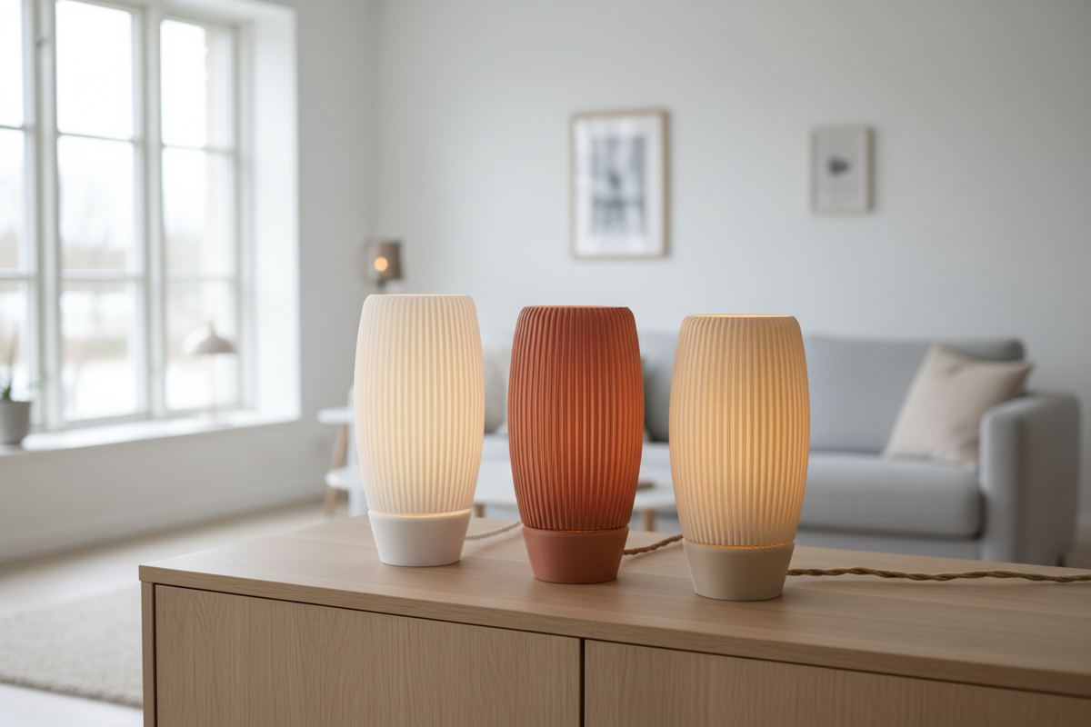Three Ribbed E27 Lamps with diffuser tall oval barrel fine vertical ribbing white terracotta pink warm beige matte finishes varying heights pale oak sideboard bright Scandinavian contemporary living room large window soft diffuse daylight wide editorial landscape