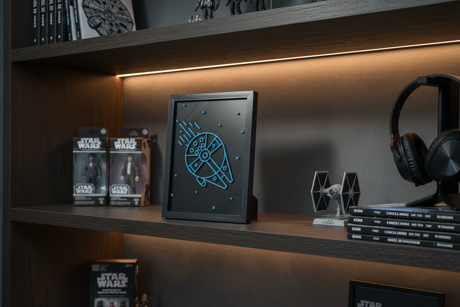 Millennium Falcon Neon Line Art shadow box on a dark wooden shelf in a moody gaming room